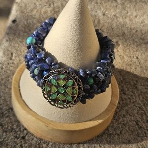 Blue Purple Green Beaded Bracelet .925 Charm Mandala Floral Semi Precious Stone